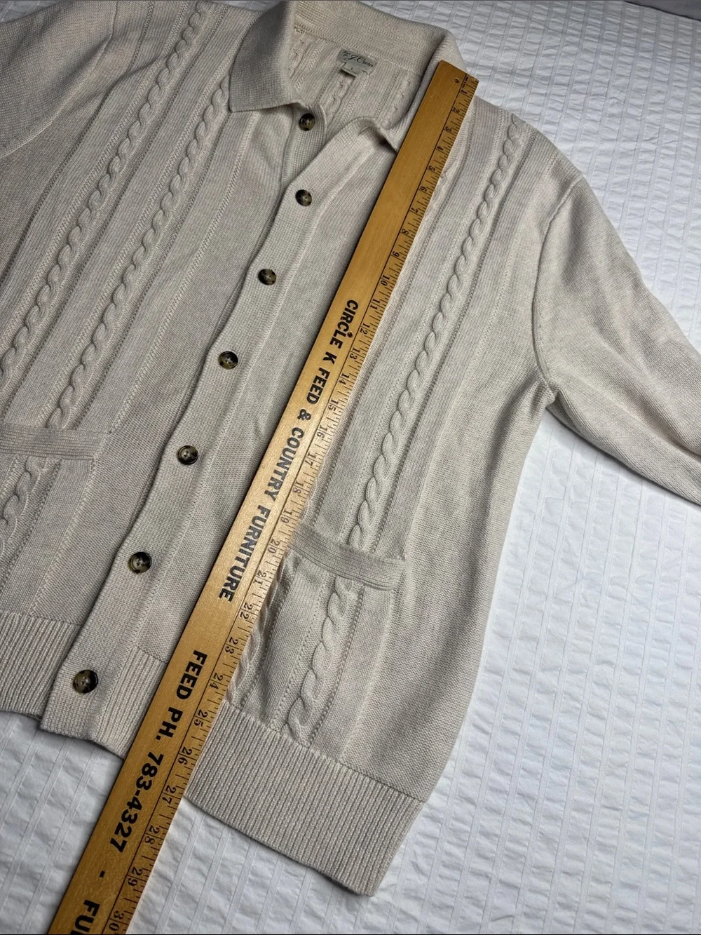 J. Crew Men's Cream Cable Knit Polo-Style Button Cardigan Size L - 100% Cotton